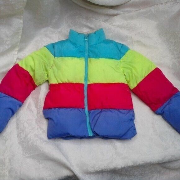 Cat & Jack Puffer Coat Jacket Girls Size XS 4/5 Purple Pink NeonYellow Blue Warm - Picture 1 of 15